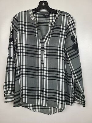 Simply Vera Vera Wang Womens Blouse Size XS Gray Black Plaid Popover Long  Sleeve