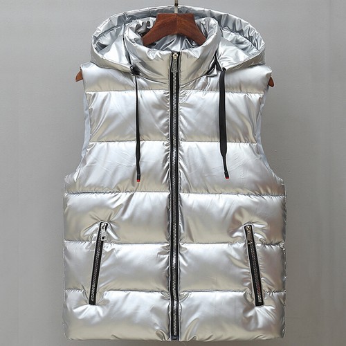 Unisex glänzende ärmellose Jacke warme Kapuze Pufferweste gesteppt gepolsterte Weste - Bild 1 von 16