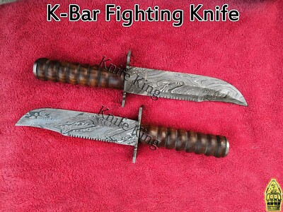 Custom Knife King's Made Beautiful Damascus Steel K-Bar Fighting Knife Pair 
