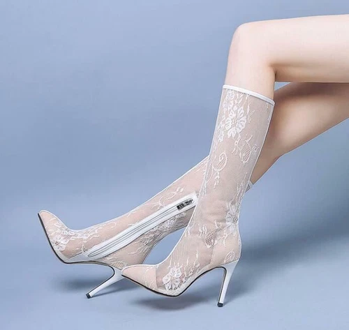Sexy kniehohe Damenschuhe Spitze Netz Reißverschluss hohe Absätze spitz zulaufend Größe US3-14 - Bild 15 von 17
