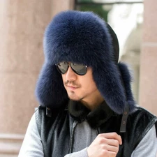 Mens Real Fox Fur Hat Russian Aviator Hat Warm Real Sheep Leather Trapper Cap 