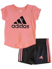adidas Baby Infant Girls 2pc Short Sleeve Shirt Shorts Set Orange/Black 18 Mos