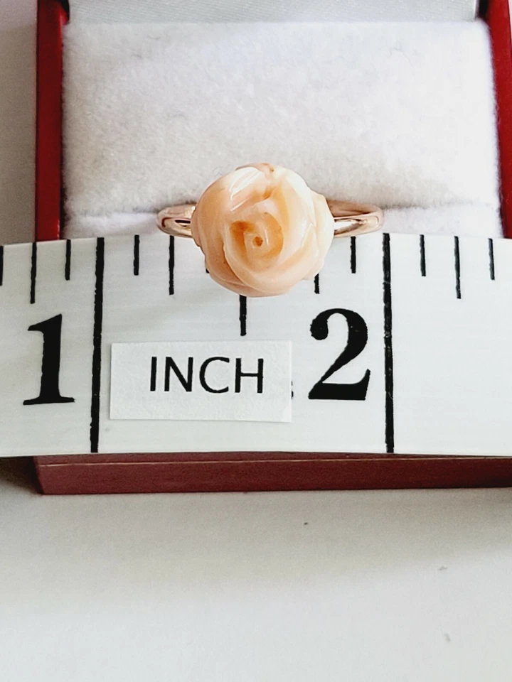 ANILLO FLOR BROTE ROSA TALLADO CORAL NATURAL GENUINO ORO ROSA 14K SÓLIDO Foto 3 de 4