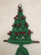 Vintage Macrame Green Christmas Tree Jingle Bells Boho Handmade 70s 24  Inch