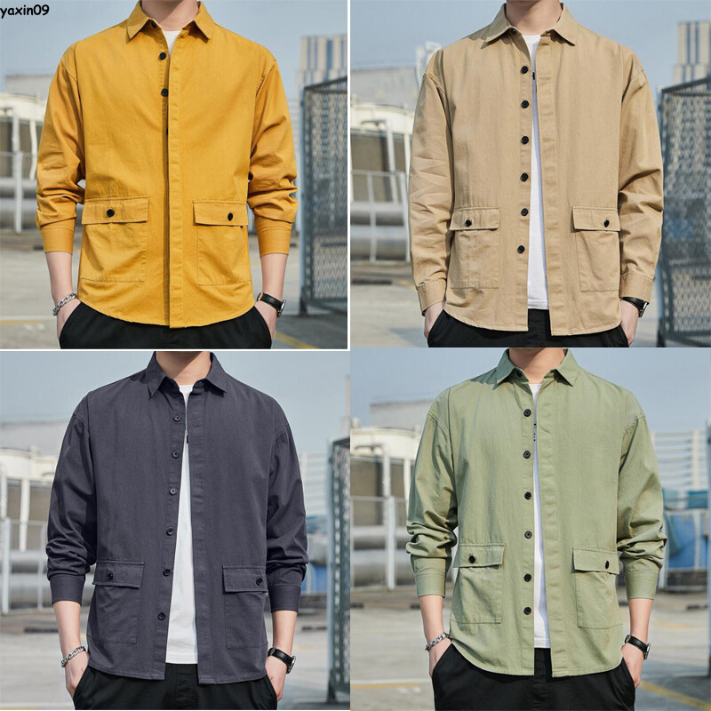 Men Casual Shirts Long Sleeve Turn-Down Collar Button-Up Pocket