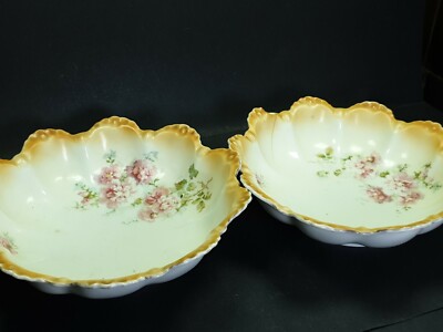 2x schöne antike Keramik Keramik Blumen Schalen unmarkiert 9''