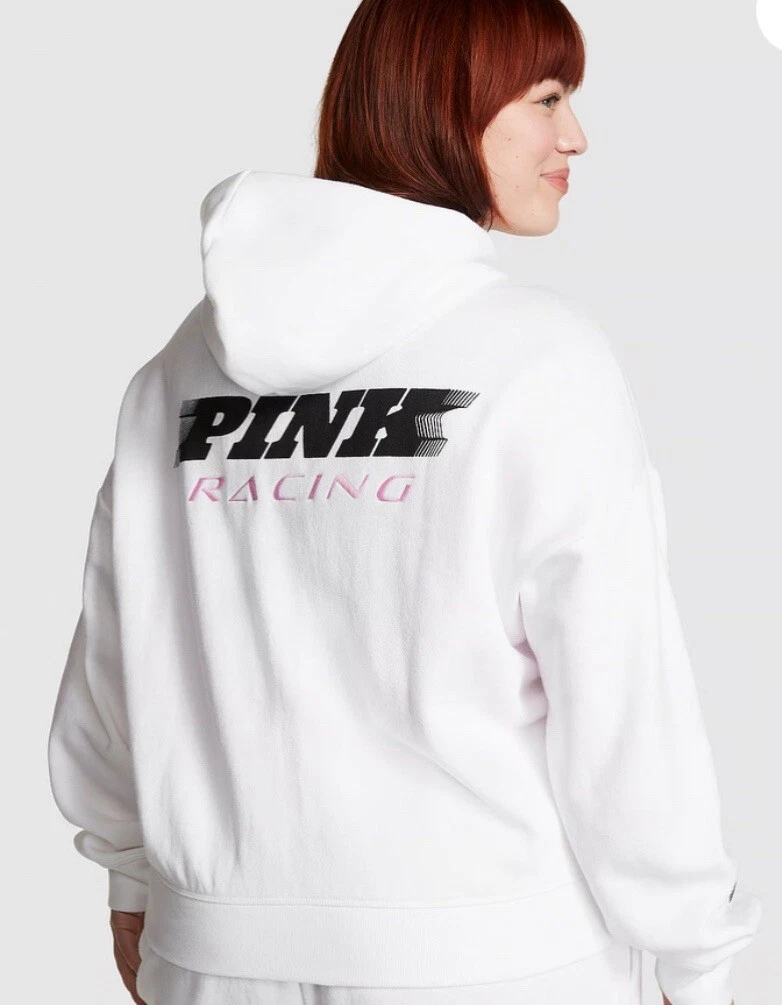 UNDERCOVER FELPA CON CAPPUCCIO VICTORIA'S SECRET ROSA RELAXED FULL ZIP L NUOVA CON ETICHETTE ? BIANCA RACING OVERSIZE