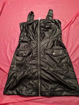 New Look faux leather pleather black overalls zipper front dress JUniors M  | eBay
