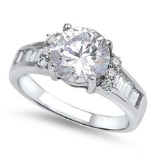 2Ct Round Cut Simulated Diamond Baguette Accent Trend Ring 14K White Gold Plated