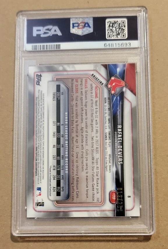 2018 Bowman Chrome Rafael Devers cartão refrator roxo novato #d 12/250 PSA 10 - Imagem 2 de 2