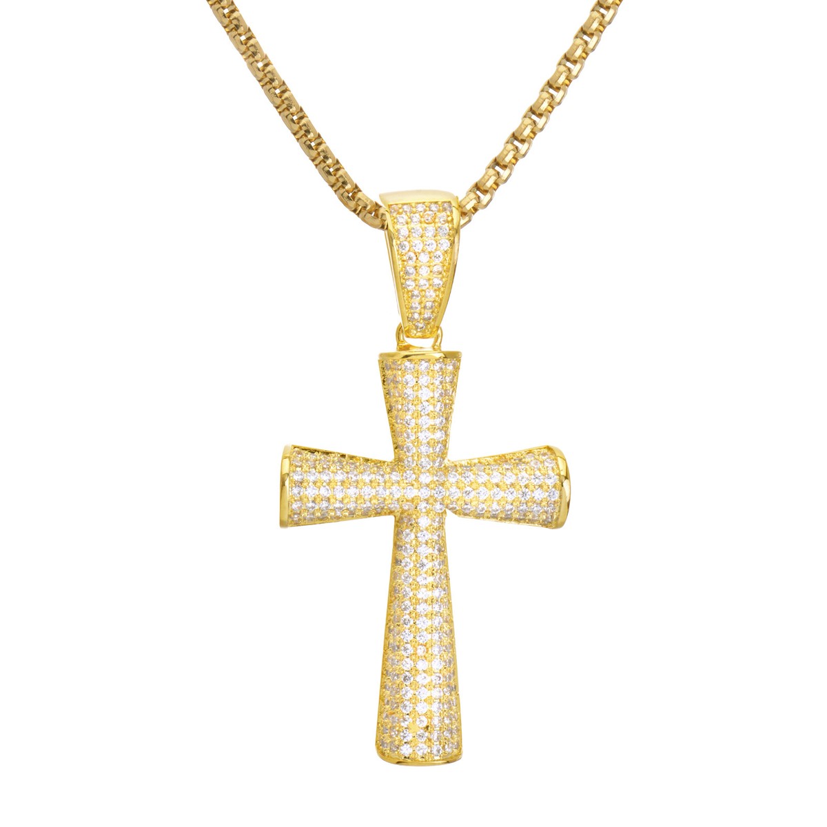 Mens Gold Plated Iced Bling CZ Cross Pendant 22 inch Box Chain Hip