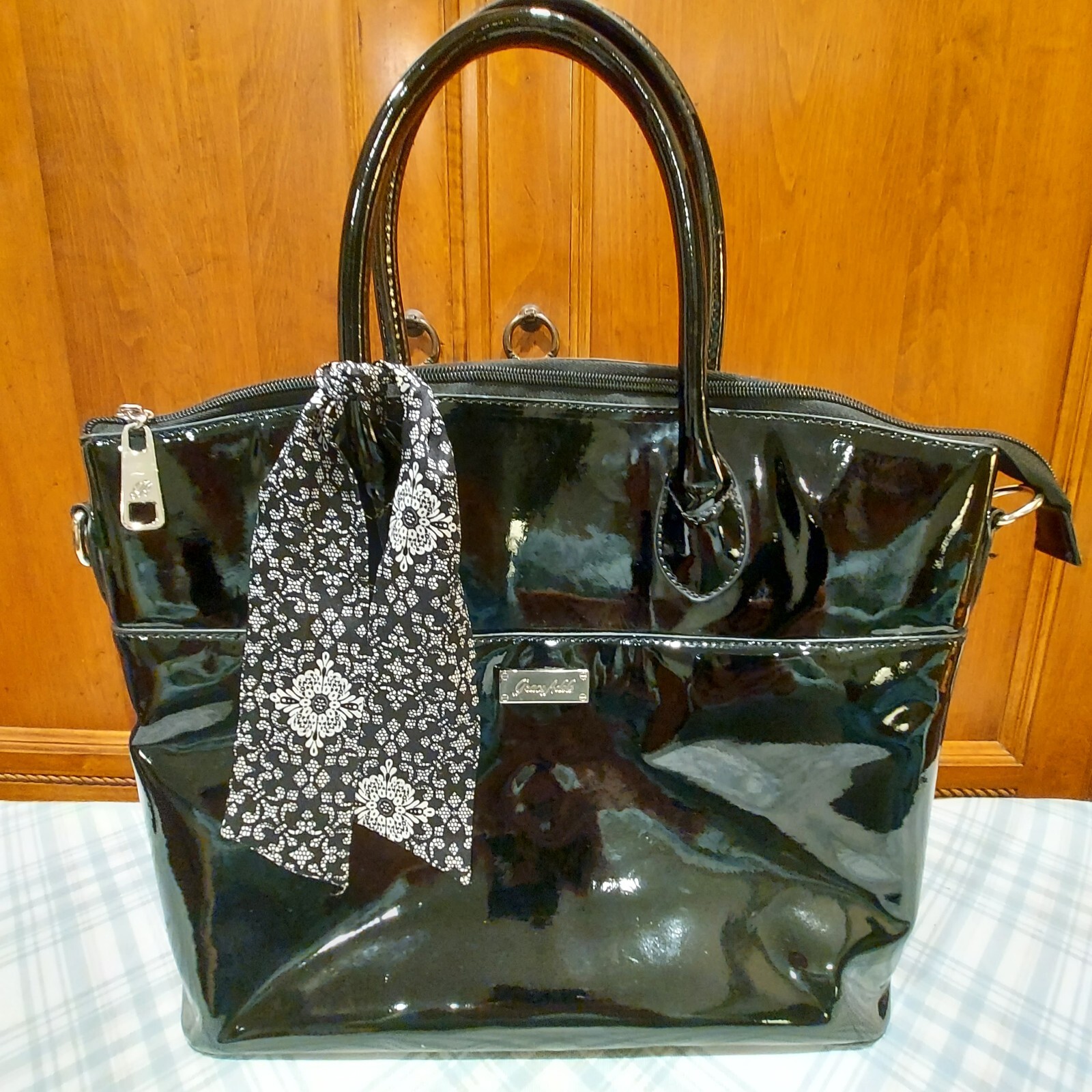 Grace Adele Handbag Purse Gloss Black w/Shoulder Strap & Bow