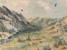 1940 Painting Paper Gouache Watercolor Mountain Valley To Identify Landscape Art