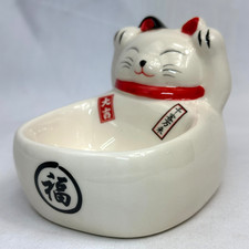 Maneki Neko Lucky Cat Catchall Both Paws Raised Ceramic Coin Tray Key Holder 4.2
