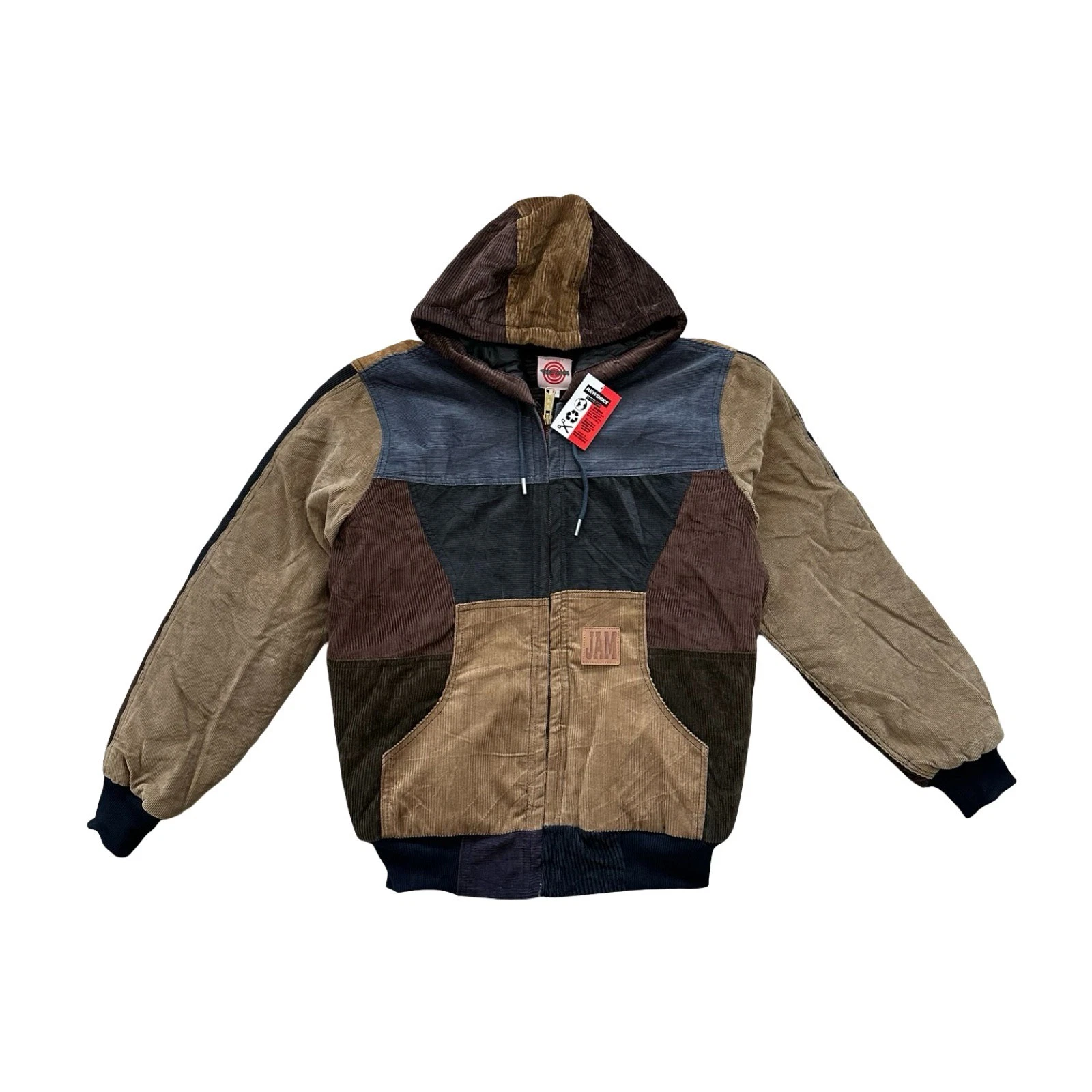 Corduroy Colorblock Patchwork Upcycled Hooded Jacket Insulated Unisex Size M