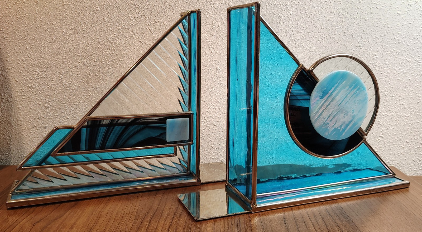 Pair of geometric stained glass bookends in postmodern design