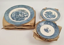 15 Vintage Currier & Ives Plates 6 Dinner ,2-Salad & 7 Side Plates Blue NEW