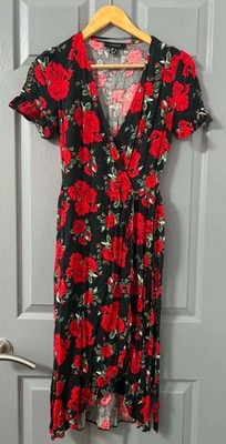 Atmosphere black red rose floral print ruffle sleeve midi dress 8