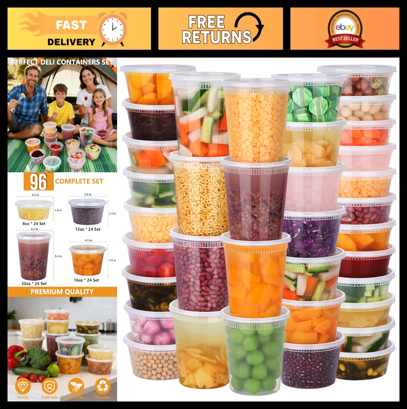 96 Pack Deli Containers with Lids - 192-Piece Leak-Proof Food Storage Set, BPA F