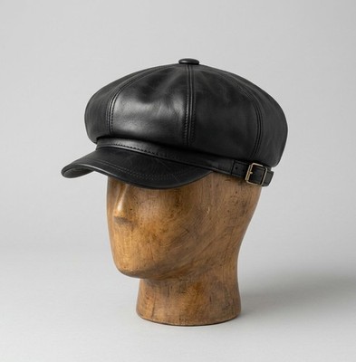 Men's Black Leather Newsboy Cap Flat Ivy Driving Cabbie Gatsby Baker Hat