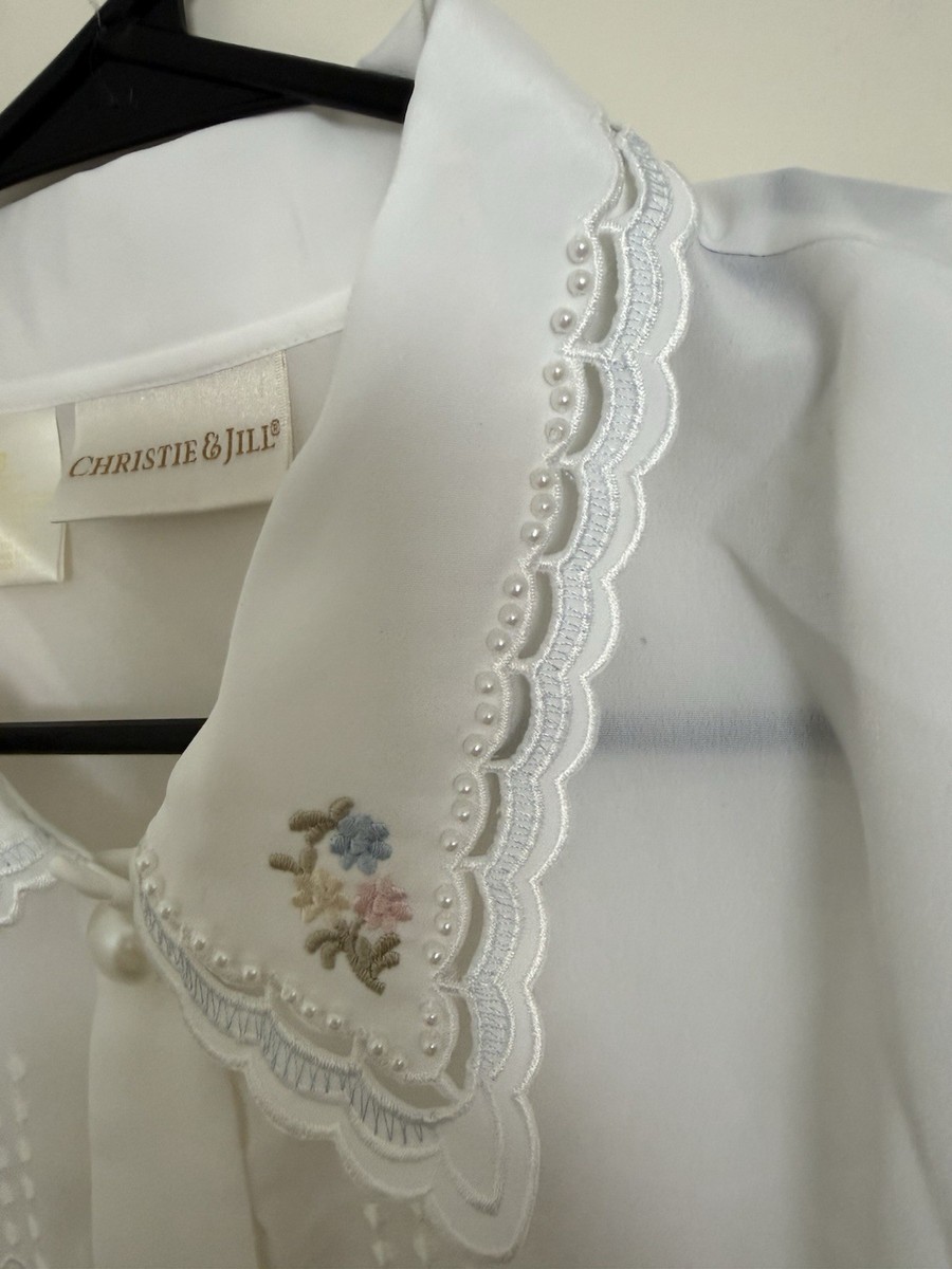 Vtg Christie & Jill Blouse White Floral Button Scallop Collar Embroidered Sheer View 5