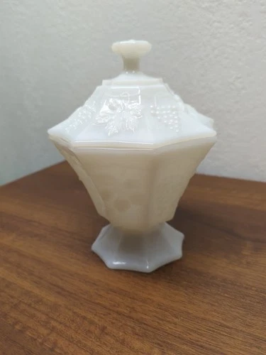 Vintage Anchor Hocking Milk Glass Pedestal Candy Dish with Lid - Harvest Grape