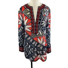 Tory Burch Geometric Blue Orange Print Long Sleeve Cotton Tunic Cover Up Size 4