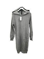 Stitchdrop gray ribbed knit Woman’s dress hooded neckline long sleeves