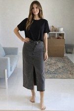 Women’s Gray Denim Midi Skirt – Raw Hem – High Waist – Trendy Street Style