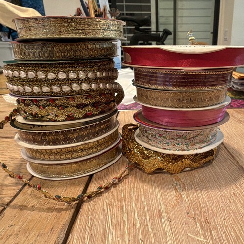 Thin ribbon lot of 13 rolls mostly unused GoldRed Multicolor GlitterPrintedSolid