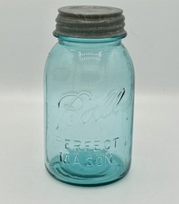 Vintage 1910-1923 BALL PERFECT MASON BLUE Quart Canning Jar-Mold #8 W/Zinc lid