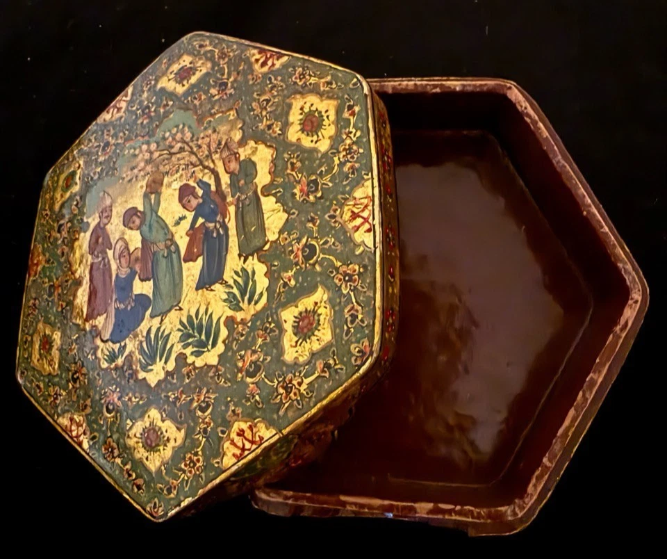 Antigua laca persa hexagonal persa Qajar papel maché persa de Oriente Medio Foto 4 de 4