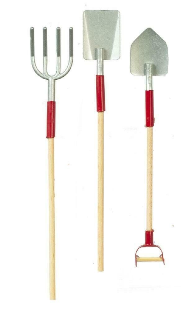 Dolls House Miniature Accessory Set Garden Tools Fork & Spades Red