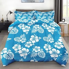 Comforter Set Size, Blue Hawaiian Flower Soft 3 Pcs King Hibiscus Flower