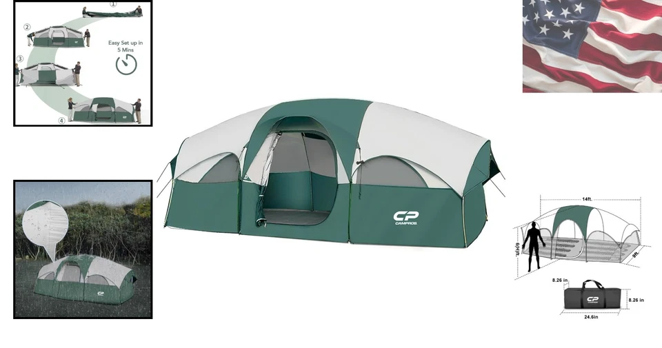 Просторная 8-местная атмосферостойкая семейная палатка с 5 сетчатыми окнами - простая установка - Изображение 2 из 4