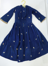 Antique 1860s Child's Dress Dark Blue Indigo Floral Print w/ Embroidered Details