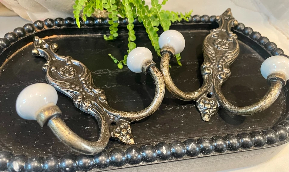 2 Vintage Ceramic Bronzed Brass Coat Hanger Wall Hooks Metal White Ornate Ball - Image 2 of 4