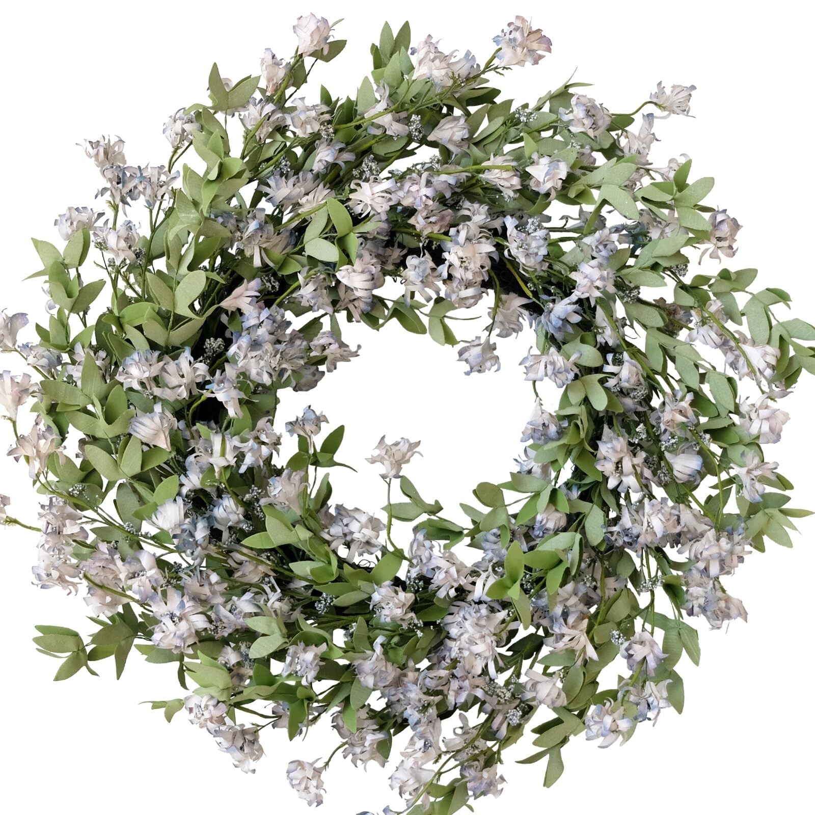 Coastal Light Blue Forsythia Wreath with Green Leaves for Front Door Decor
