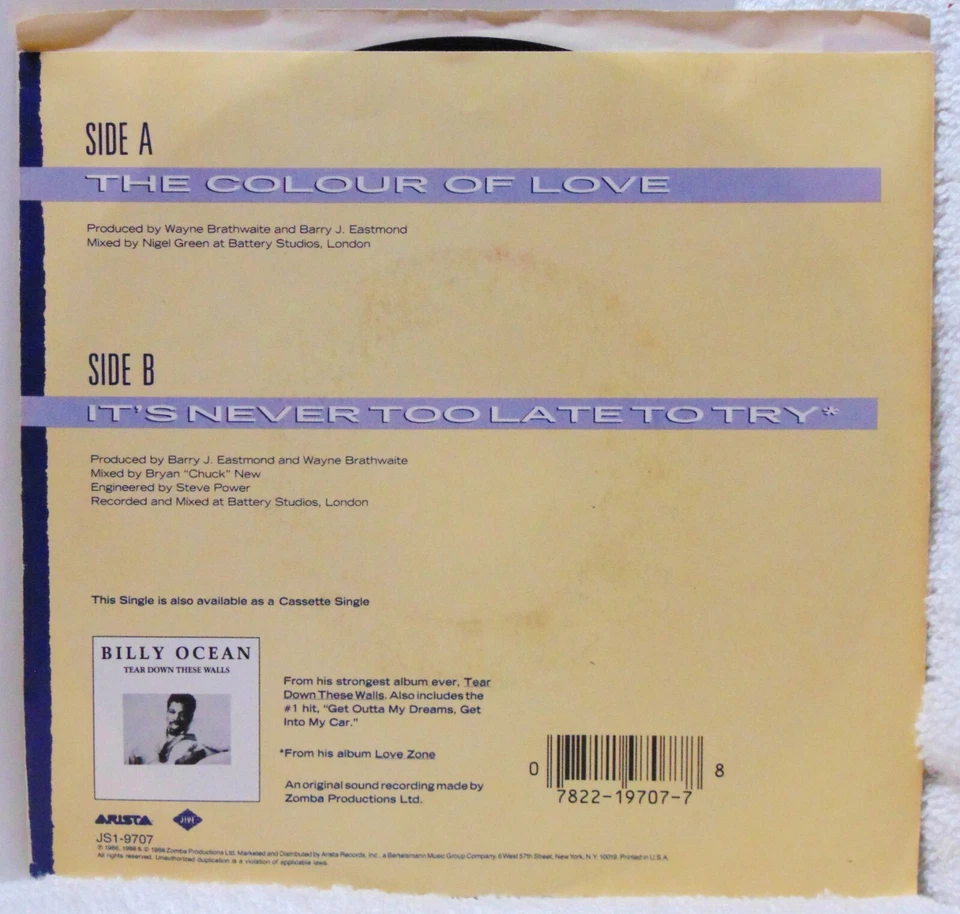 Billy Ocean–The Colour Of Love- 1988 Jive - 7" 45RPM Single + Pic Sleeve NM Foto 2 de 4