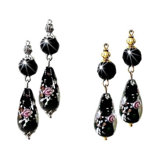 Earrings Black lampwork and crystal double drop, clip on or pierced fittings - Picture 1 of 3