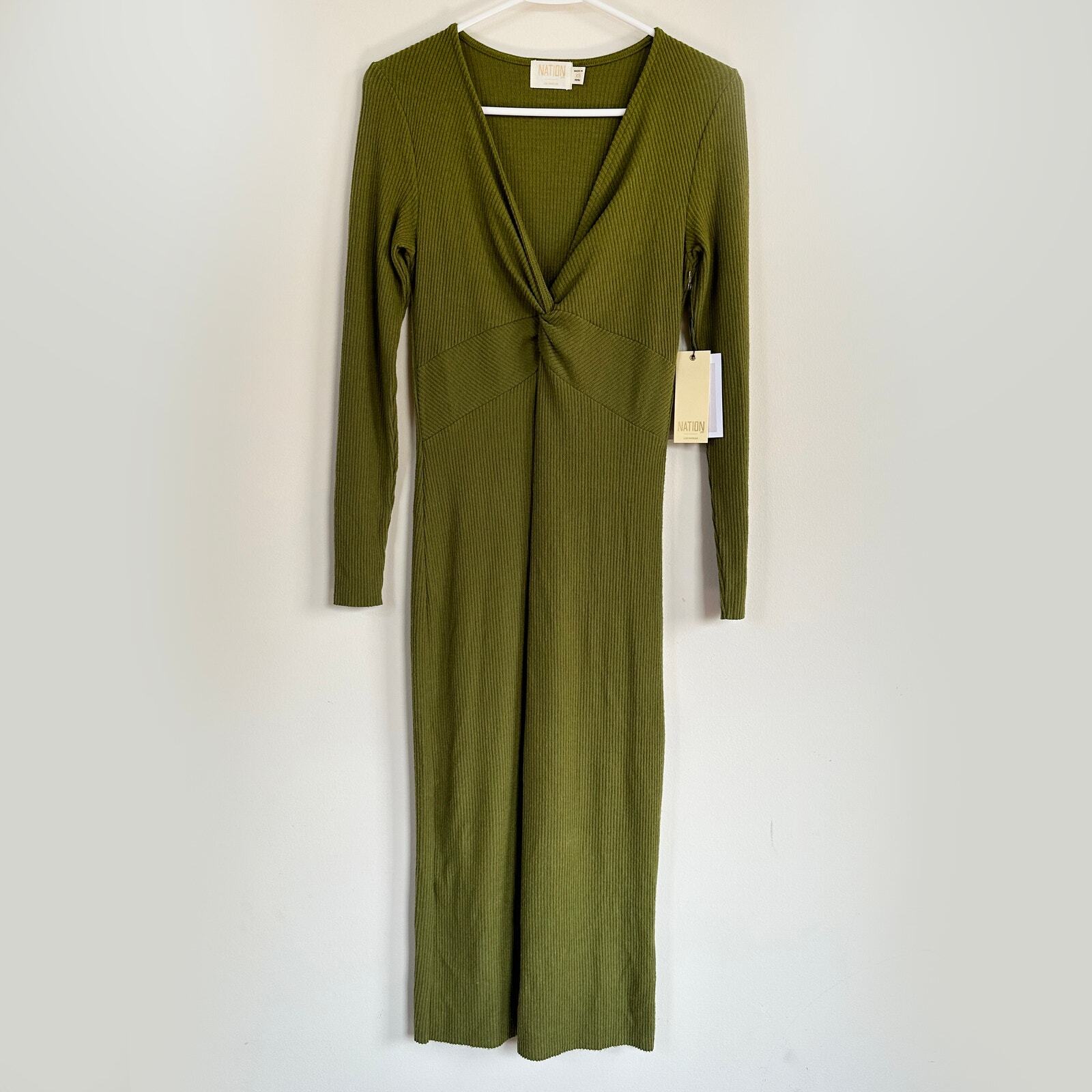 Nation LTD Los Angeles Phedra Dress Twisted Front V-Neck Long Sleeves Green XS