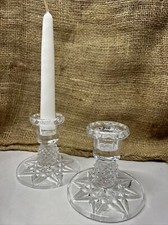 Set of 2 Clear Crystal Glass Candle Holders Eight Point Star And Diamond Design