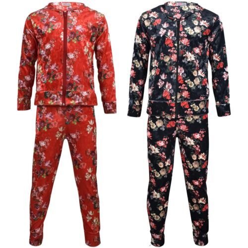 Girls Jogging Suit Floral Print Zip Up Velour Set Top Bottom