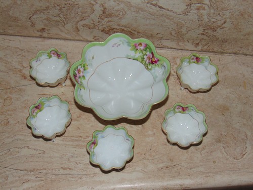 Antique NIPPON Porcelain Nut Bowl Set Of 6 Handpainted Gilded Footed Scallop Rim - Picture 2 of 14