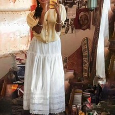 Womens Spring Summer High Waist Solid Color Hollow White Skirt Casual Midi Skirt