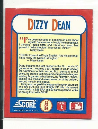 1990 Score The MVP's Dizzy Dean #11(11OF56) HOF-W/TOP LOADER - Picture 2 of 2