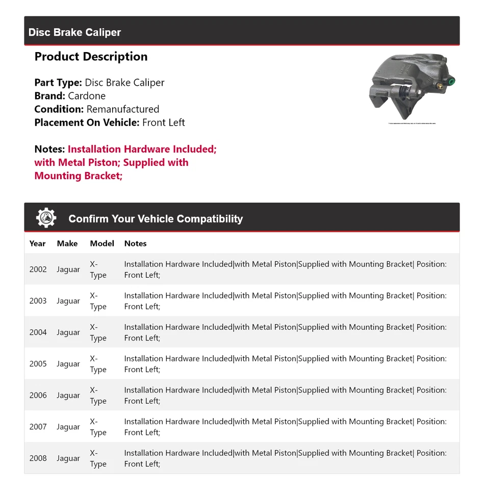 Pinza de freno de disco delantera izquierda cardone 2003 2004 2005 para Jaguar X-Type 2002-2008 Foto 2 de 4