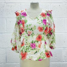 VINTAGE CREAM FLORAL BLOUSE TOP WOVEN FRILL PINK PURPLE BALLOON SLEEVE UK L BNWT