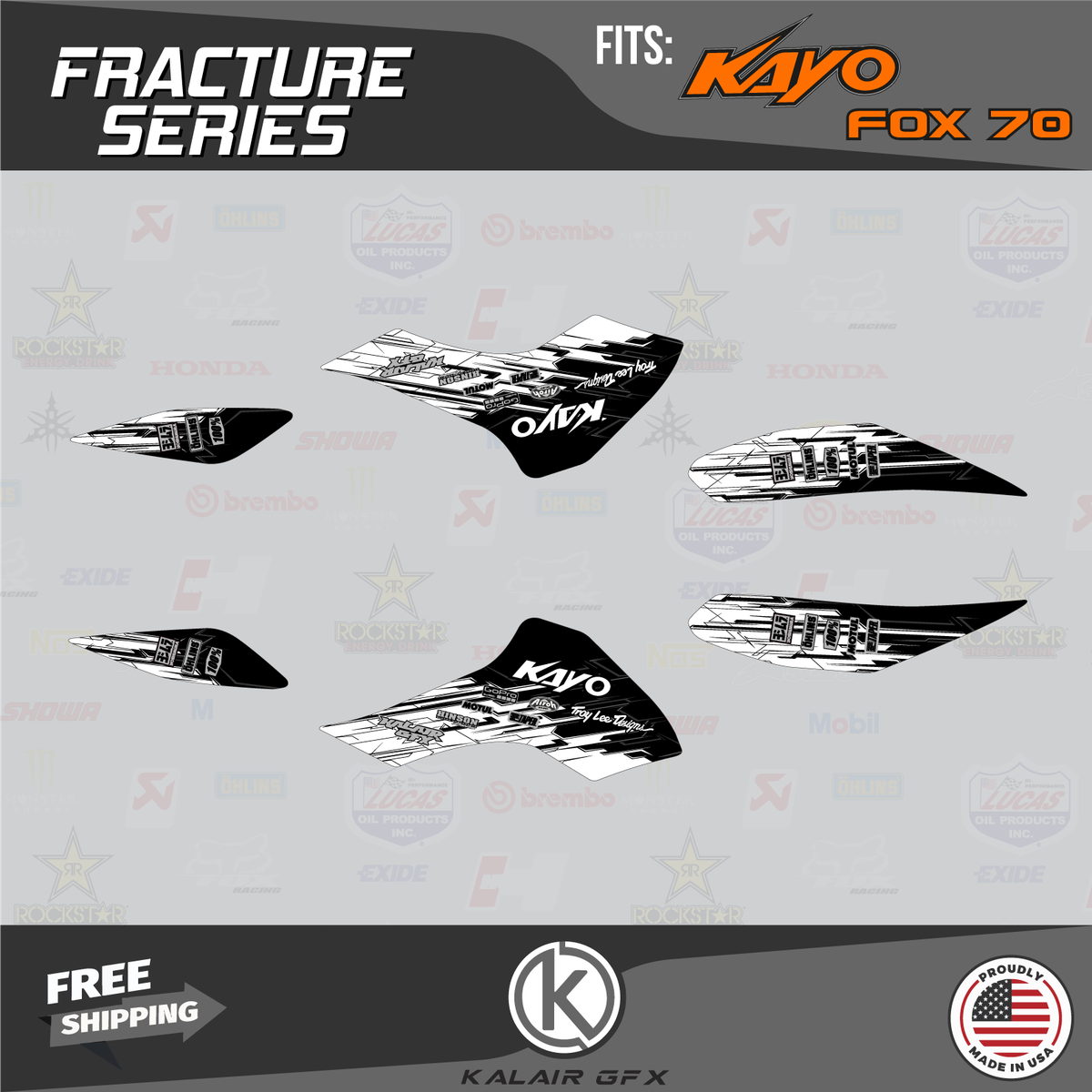 Graphics Kit for Kayo Sports Fox-70 AY-70 Storm-70 All Years Fracture  WHITE