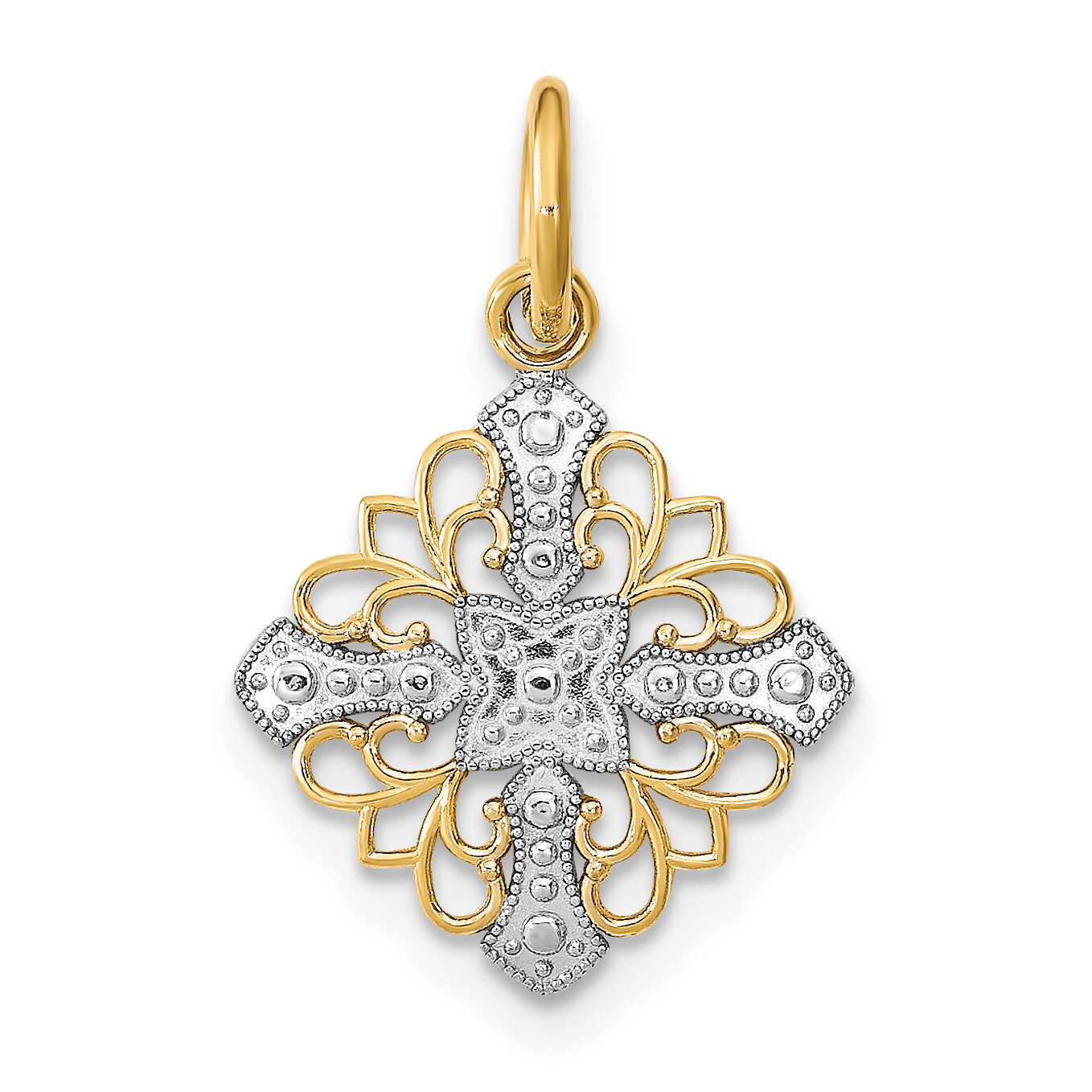 Avariah Solid 10K Yellow Gold w/Rhodium and Diamond Cut Filigree Medallion Charm
